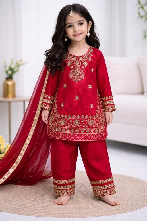 Ramzan Eid Special Kids Festive Silk Red Children clothing supplier in Surat